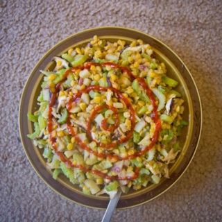 celery, shiitake, corn, potato stirfry with szechuan peppers and sriracha
